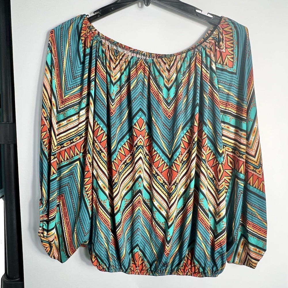 Emma Rose Womens Size M‎ Multicolor Chevron Tribal Print Blouson Peasant Top